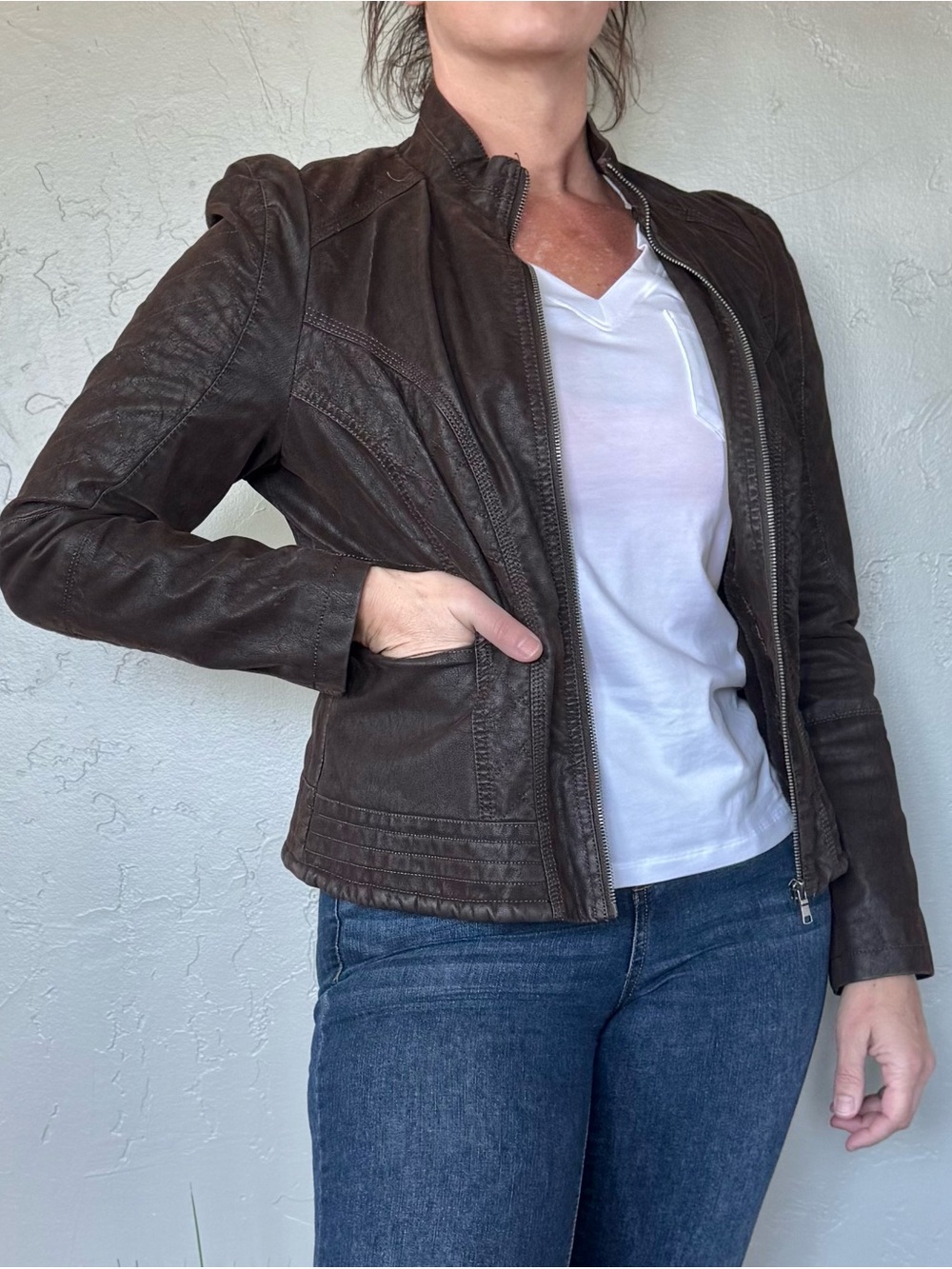 Coalition LA Classic Dark Brown Faux Leather Faux Fur Lined Zip Moto Jacket